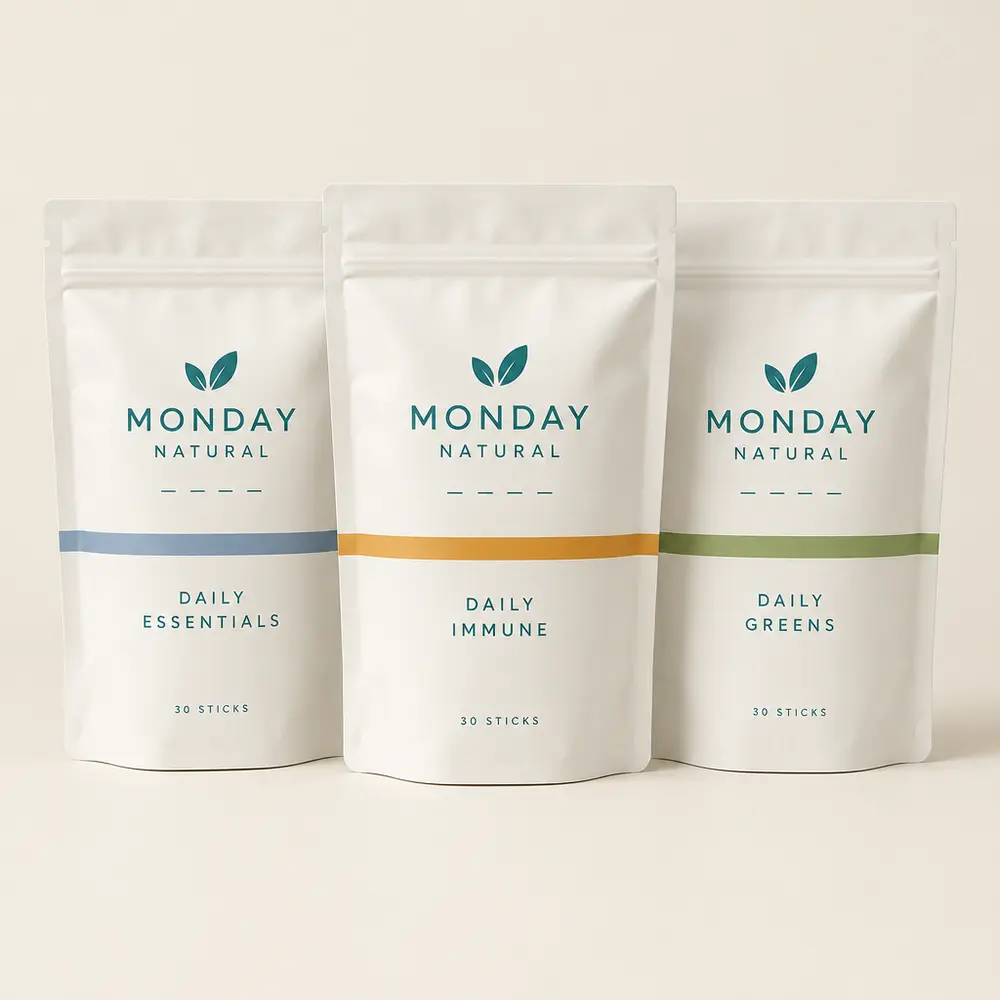 Three Monday Natural DAILY stick-pack pouches