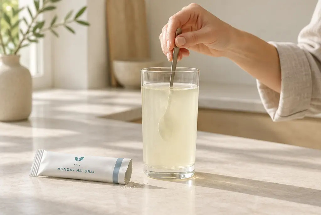 A hand stirring a glass of water on a kitchen counter in morning light, with an opened Monday Natural stick sachet beside it