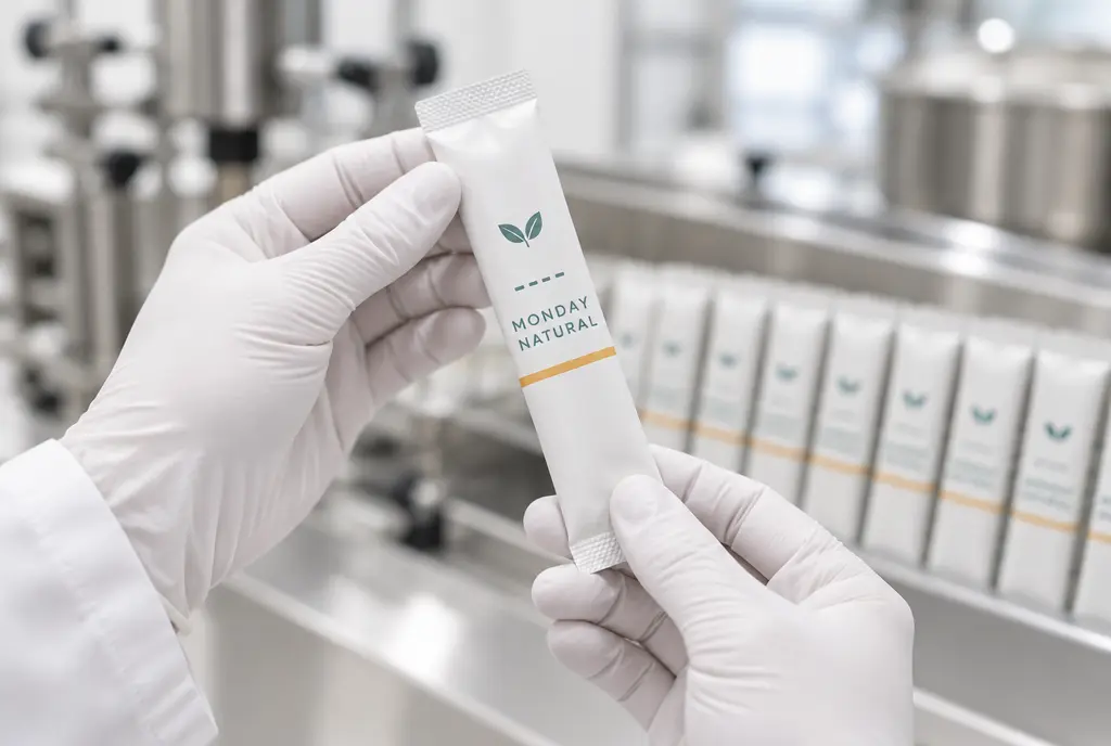 Gloved hands inspecting a single Monday Natural stick sachet in a clean production facility