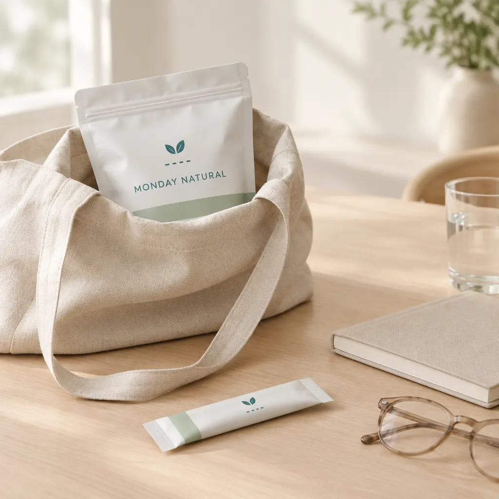A Monday Natural pouch in a linen tote bag on a desk, with a single stick sachet, a notebook and a glass of water