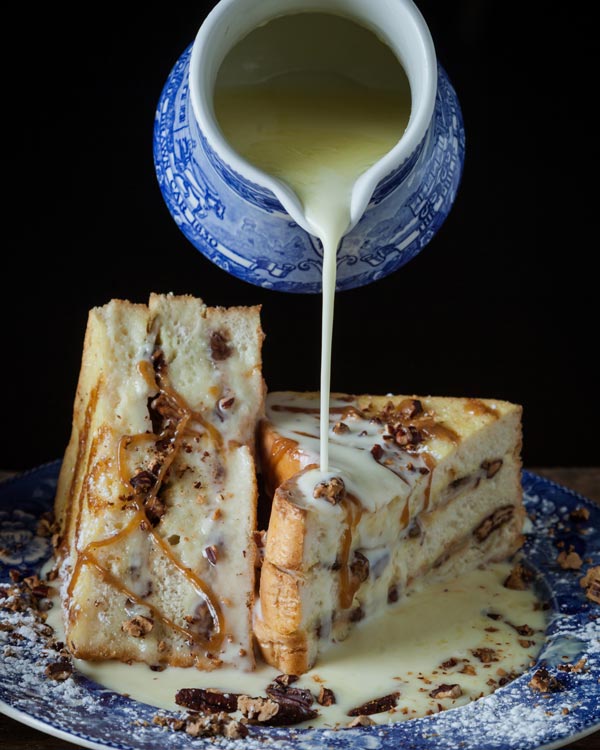 Jumbo French Toast Stuffed with Bananas, Roasted Pecans and Caramel